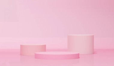 Pembe arkaplanda ürün gösterimi için yuvarlak dairesel kaidesel pembe podyum ile sunum şekli, kopya alanı ile minimum biçimdeki ürün tanıtım afişi için ayakta durun, 3d görüntüleme
