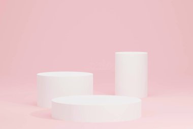 Pembe arkaplandaki ürün gösterimi için yuvarlak dairesel beyaz podyum ile sunum şekli, kopya alanı ile minimum biçimdeki ürün tanıtım afişi için ayakta durun, 3d görüntüleme