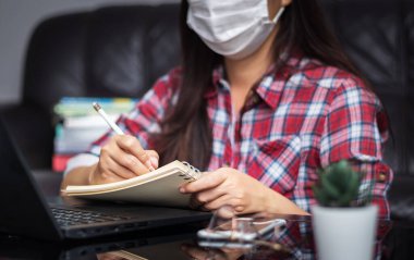 new normal, work from home, study online, homeschooling, distance education. student wear hygienic protect face mask study online listen lecture via laptop at home during coronavirus Covid-19 epidemic clipart