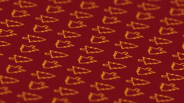 Noel ağacı şeklindeki altın çizginin kusursuz döngüsü arka arkaya tekrarlanıyor, kırmızı arkaplanda yavaşça dönüyor. Noel kutlaması süsleme arkaplanı