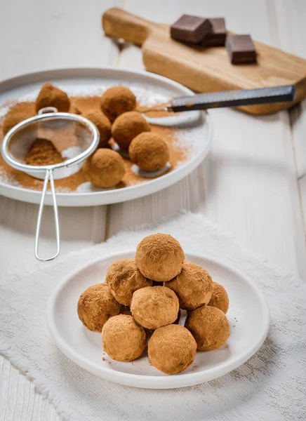 Chocolate Truffles Energy Protein Balls Made Dry Dates Walnuts Raisins — Zdjęcie stockowe