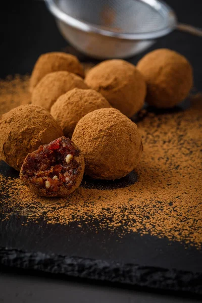 Chocolate Truffles Energy Protein Balls Made Dry Dates Walnuts Raisins — Zdjęcie stockowe