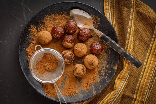 Chocolate Truffles Energy Protein Balls Made Dry Dates Walnuts Raisins — Zdjęcie stockowe