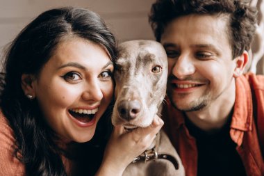 Zencefilli köpekleri olan genç ve güzel bir çift. Yakın plan. Aile kavramı