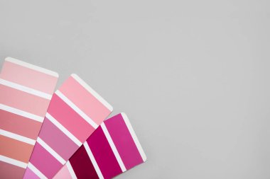 Çeşitli örneklerle renk paleti. Gri arka plan. Boyama kartları, yakın plan.