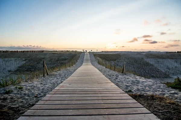 Trä gångväg till stranden i solnedgången — Stockfoto