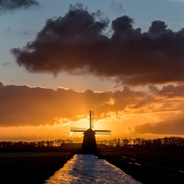 Hinterleuchtete holländische Windmühle bei Sonnenaufgang — Stockfoto