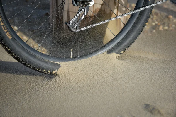 Detal opony rowerowe na wietrznej plaży — Zdjęcie stockowe