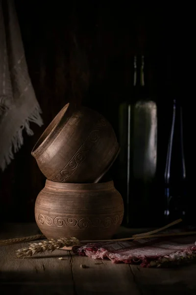 Ceramic Tableware Wooden Table Rustic Style — Stock Photo, Image