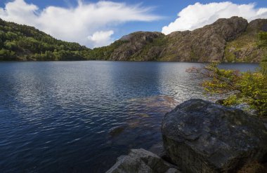 Norveç. Mavi gökyüzünün altındaki dağ gölü
