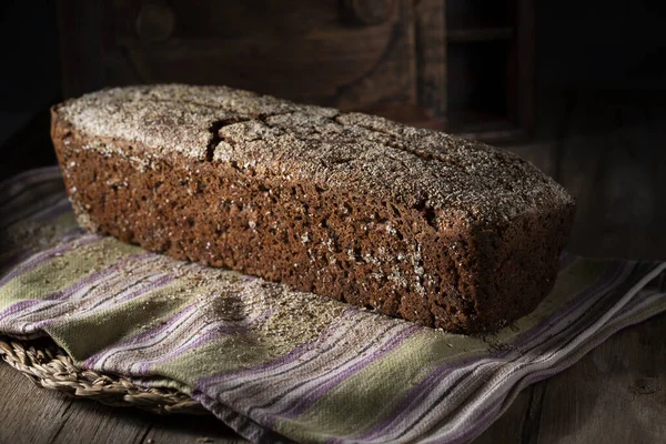 Homemade Rye Bread Striped Towel — Stock Photo, Image