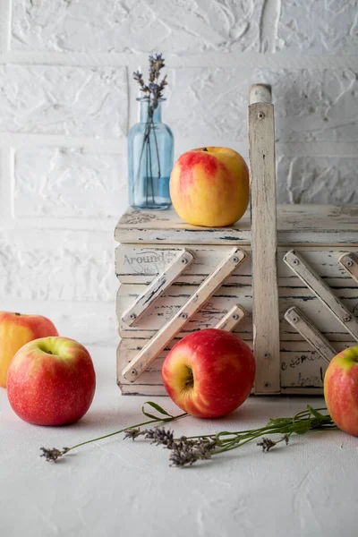 Red Apples White Vintage Jewelry Box White Table — Stock Photo, Image