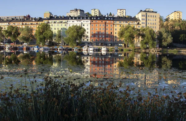 Estocolmo Multicoloridos Edifícios Altos Iluminados Pelo Sol Manhã — Fotografia de Stock