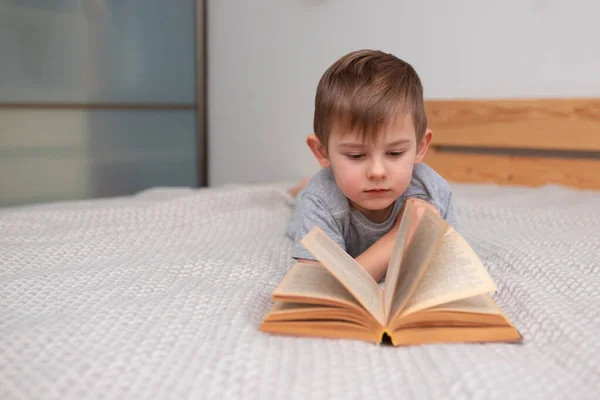 Düşünceli küçük çocuk evde kitap okuyarak yatakta uzanıyor. Tatil ve dinlenme konsepti. Okumaya bayılırım. Evde eğitim. Karantinaya alın. Tatillerde. Eğitim kursları