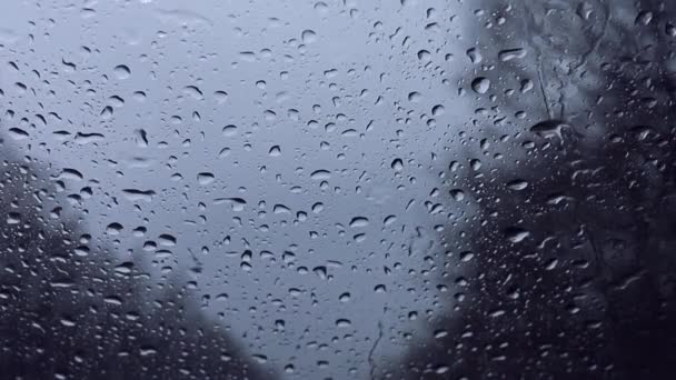 Мокре лобове скло, взяте зсередини автомобіля. Дощ падає на поверхню скляного вікна автомобіля . — стокове відео