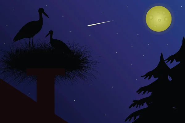 Geceleri çatıdaki bir yuvadaki leyleğin düz çizimi