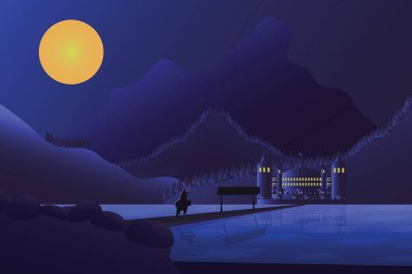 Flat illustration of a night rider in a hurry riding across a pier on a lake towards a castle located in front of the mountains vector