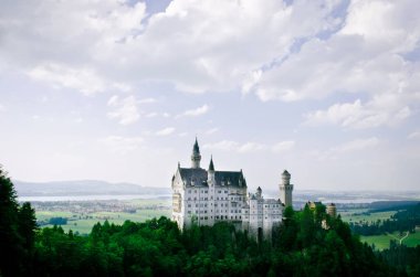 Fussen, Almanya - 29 Haziran 2019: Neuschwanstein Kalesi Bavyera Alplerinde sislerle kaplandı.