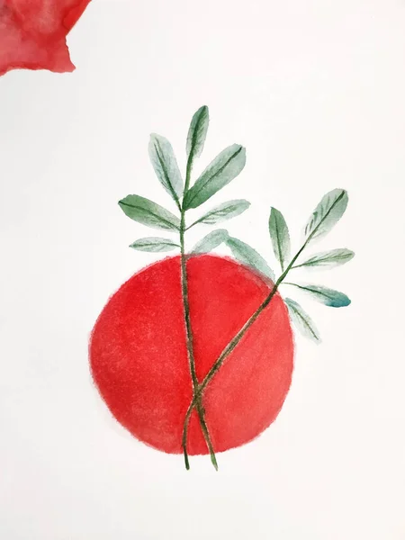 緑の枝と赤い太陽日本の象徴。水彩画 — ストック写真