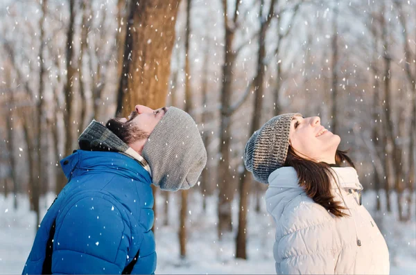 Coppia felice innamorata nella foresta invernale — Foto Stock