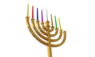 Hanuka Menora ve üzerinde beyaz izole mumlar