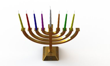 Hanuka Menora ve üzerinde beyaz izole mumlar