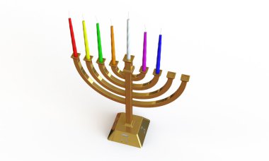 Hanuka Menora ve üzerinde beyaz izole mumlar