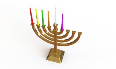 Hanuka Menora ve üzerinde beyaz izole mumlar