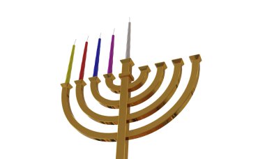 Hanuka Menora ve üzerinde beyaz izole mumlar