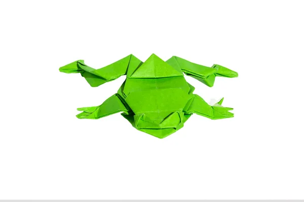 Green origami frog isolated on white — Stock Photo, Image