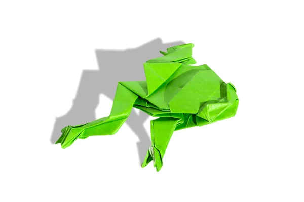 Beyaz izole yeşil origami kurbağa — Stok fotoğraf