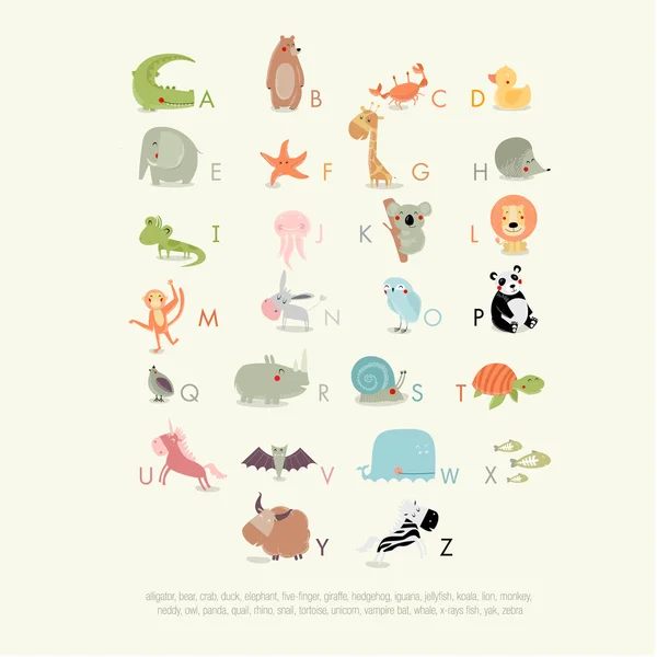 Alphabet anglais pour les enfants avec des animaux mignons . — Image vectorielle