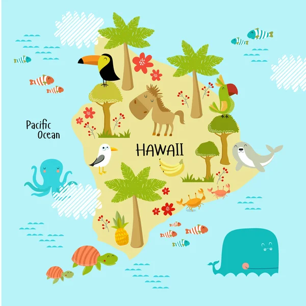 Mappa delle Hawaii con animali — Vettoriale Stock