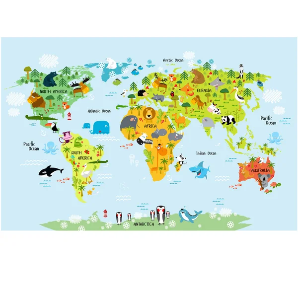 Mapa světa se zvířaty, pro děti Stock Ilustrace