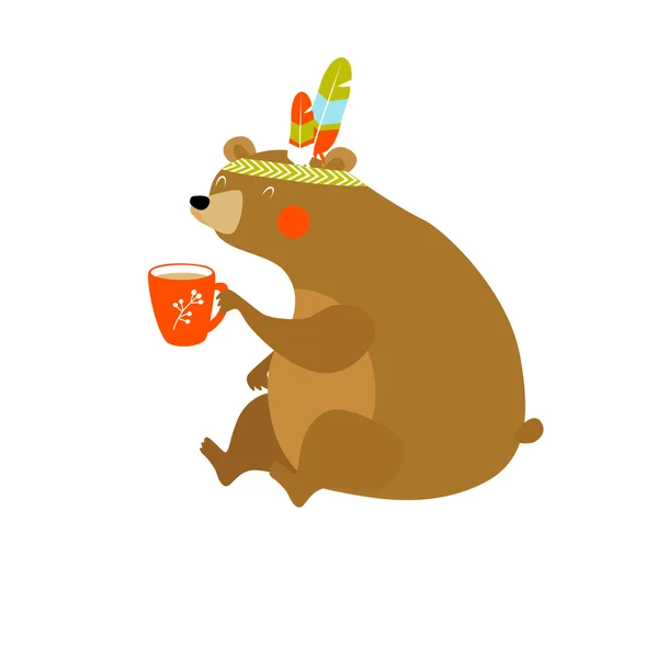 Bear in Indian headdress and cup of tea — Stock Vector