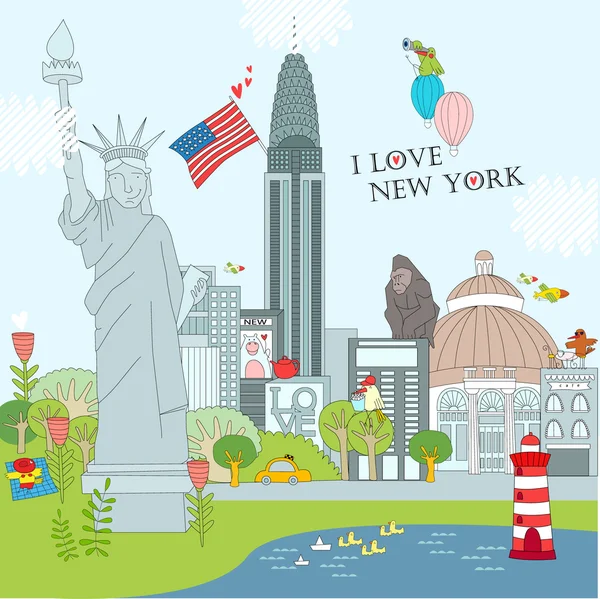 New York con Statua della Libertà — Vettoriale Stock