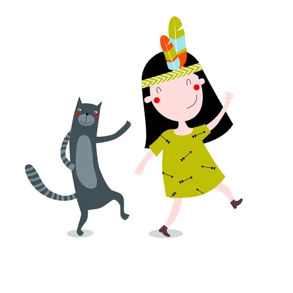 Cute little girl with a cat. — Stock Vector