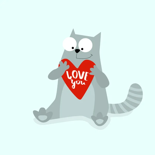 Funny gray cat, heart, "love you. — Stock Vector