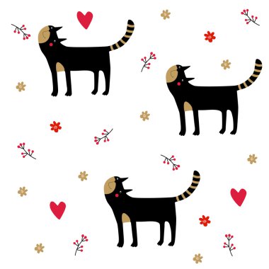 Vektör sorunsuz arka plan ile siyah kedi, komik, çiçekler ve kupa. Altın, siyah ve beyaz. Bu arka plan olarak kartları, posterler, davetler için doğum günü, Sevgililer günü için kullanılabilir.