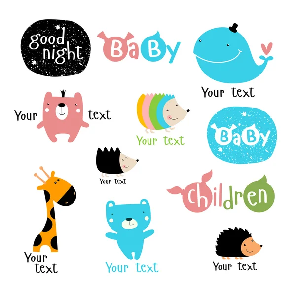 'Vector set of stylized characters and symbols. whale, bear, hedgehog, giraffe, boy, girl, kids. It can be used as a logo for children's products and services. As a poster, postcard invitation. — Stock Vector