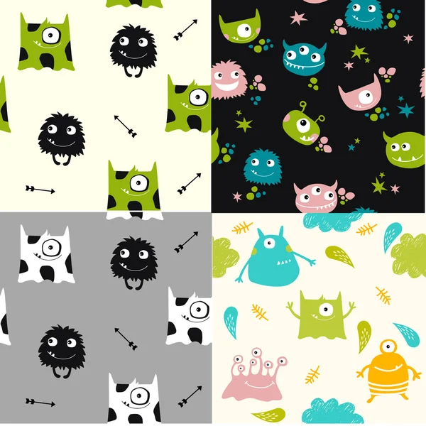 Vector set of seamless background with monsters. Colored characters. It can be used as background for children's fabrics, wallpaper. Aliens. Space. — Stock Vector