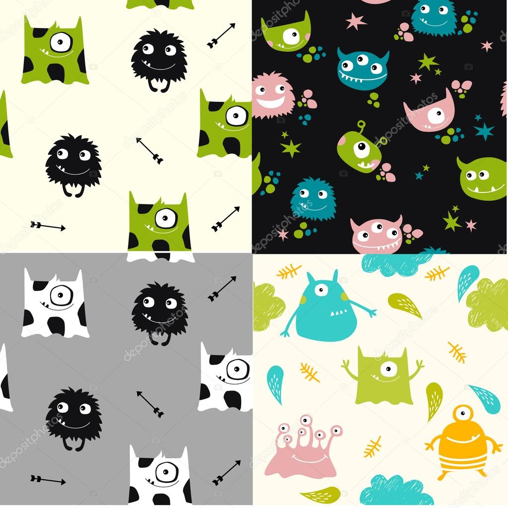 Vector set of seamless background with monsters. Colored characters. It can be used as background for children's fabrics, wallpaper. Aliens. Space.