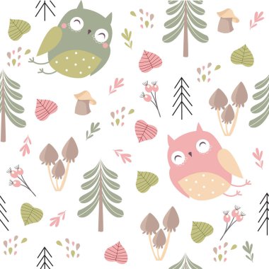 Yazdır. Baykuşlu vektör ormanı geçmişi. Baykuşlarla sonbahar arkaplanı. Sonbahar ormanı.