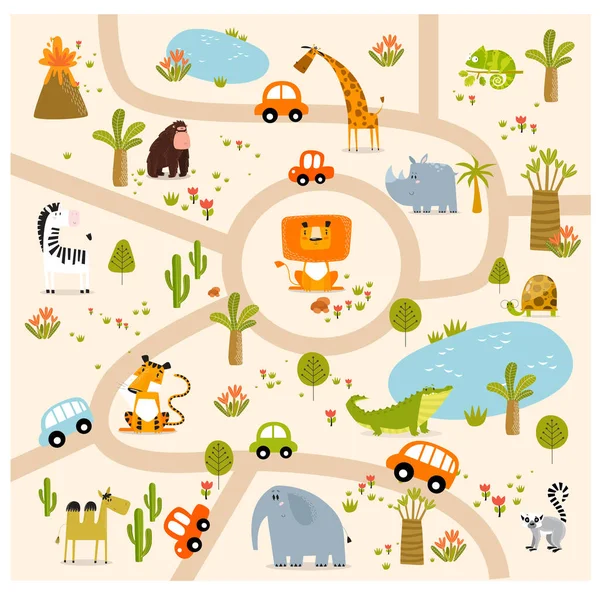 Imprimir Labirinto Tropical Vetorial Com Animais Parque Safári Desenhos Animados —  Vetores de Stock