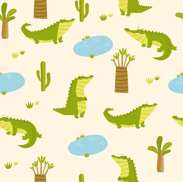 Imprimir Padrão Tropical Vetorial Com Crocodilos Crocodilos Engraçados Dos Desenhos — Vetor de Stock