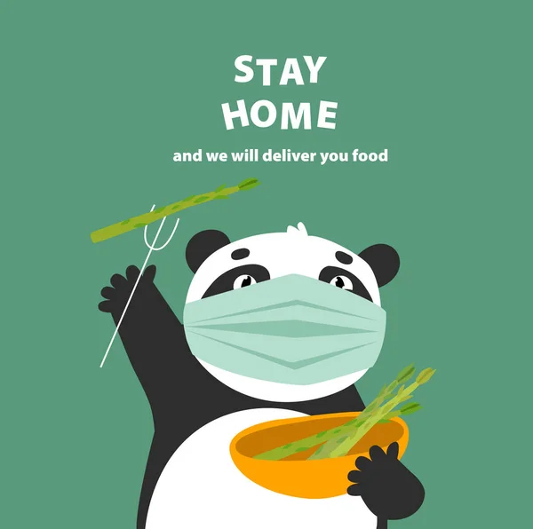 Print Vector Illustration Panda Stay Home Food Delivery Cartoon Panda — Stock Vector