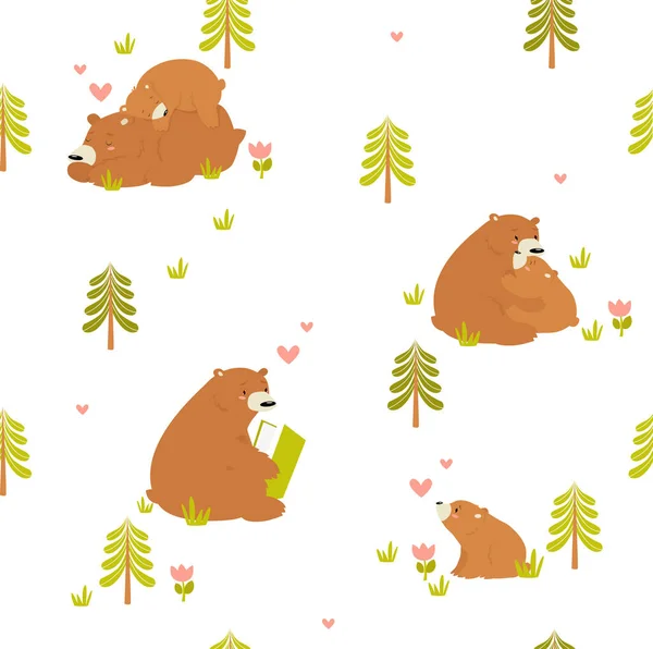 Tisk Vektorové Bezproblémové Pozadí Kreslenými Medvědy Lese Vzor Lesa Lesní — Stockový vektor