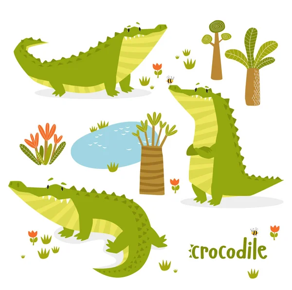 Une Empreinte Ensemble Vectoriel Crocodiles Crocodiles Bande Dessinée Personnage Bande — Image vectorielle