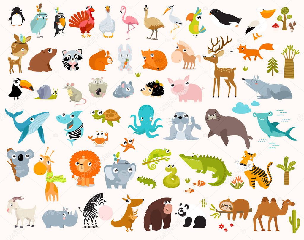 Print. Big vector set of cartoon animals. Forest animals, tropical animals, sea animals.