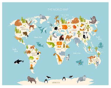 Yazdır. Çocuklar için çizgi film hayvanlarıyla dolu bir dünya haritası. Avrasya, Güney Amerika, Kuzey Amerika, Avustralya ve Afrika. 